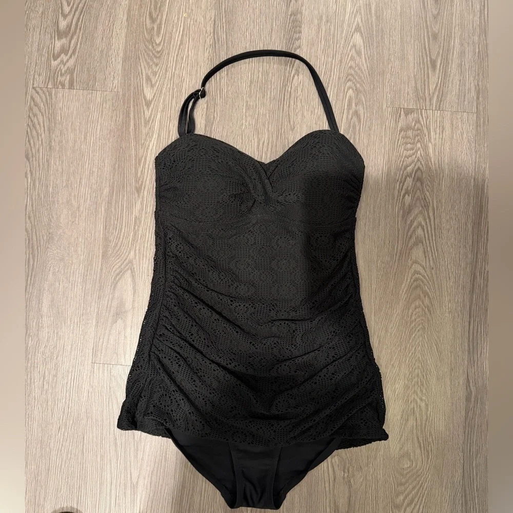 Merona Black Lace One-Piece Halter Swimsuit size Medium